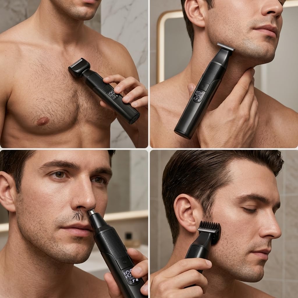 4-in-1 Electric Body Hair Trimmer for Men, Waterproof Grooming Kit with T-Blade, Foil Shaver & Nose Hair Trimmer, LED Display, USB-C Rechargeable, Wet & Dry Use, 6 Guide Combs (0-7mm)