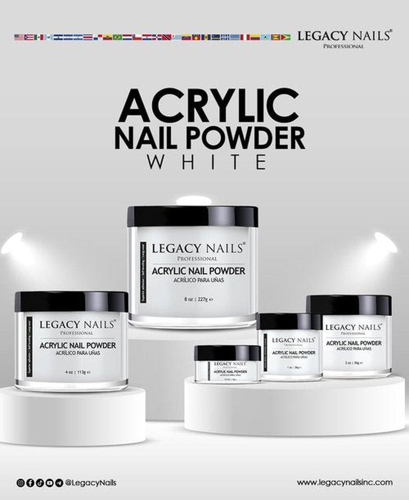 Legacy Nails White Acrylic Powder - 56g / 2oz. - High-Quality, Fast-Drying Formula for Salon-Grade Nail Extensions & Sculpting