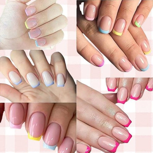 240 Pcs Short Press On Nails Square Fake Nails French Tip Nail Press Ons Set Solid Color False Nails Full Cover Acrylic Glue on Nails Reusable Glossy Artificial Nail Kit for Women Girls Manicure