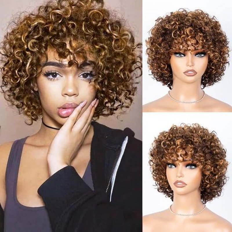 Kislemon Short Curly Human Hair Wigs For Black Women Glueless Afro Natural Curly Wig Brazilian Virgin 4/27 Color Pixie Cut Wig With Bangs 150% Density Highlight Ombre Blonde Wigs (Natural Curly)