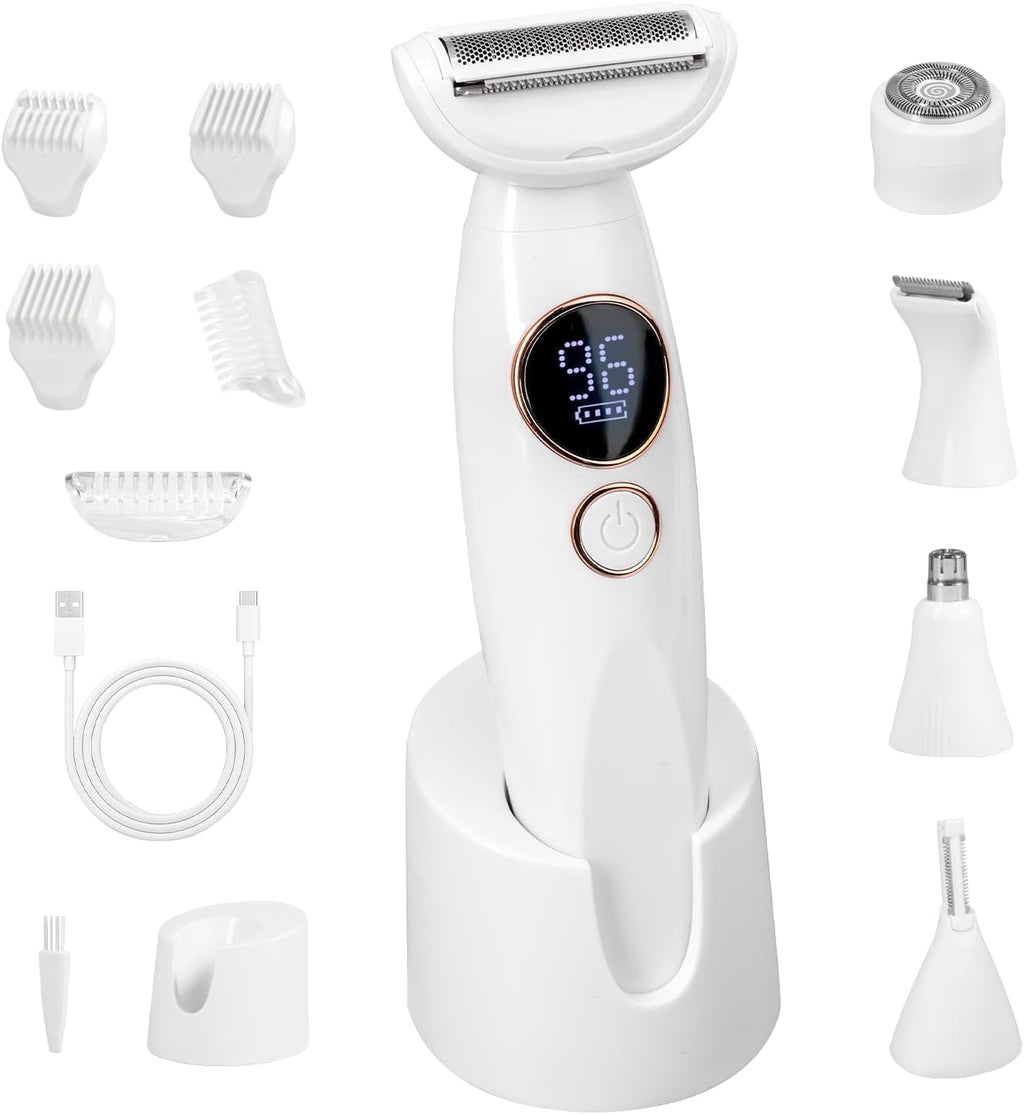 Carehabi 5-in-1 Intimate Shaver for Women, Electric Shaver, IPX7 Waterproof, USB Charging Station, Trimmer for Face, Eyebrows, Body, Bikini Zone