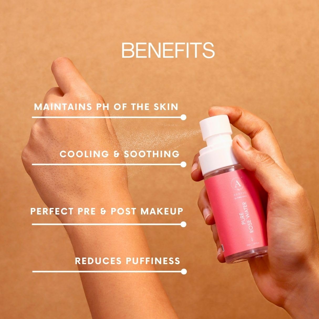 Adhyay Pure Rose Water | Steam Distilled Facial Toner & Hydrating Mist | Maintains Skin pH, Reduces Puffiness & Soothes Skin | Perfect Pre & Post Makeup Spray | Alcohol-Free | 50 ml