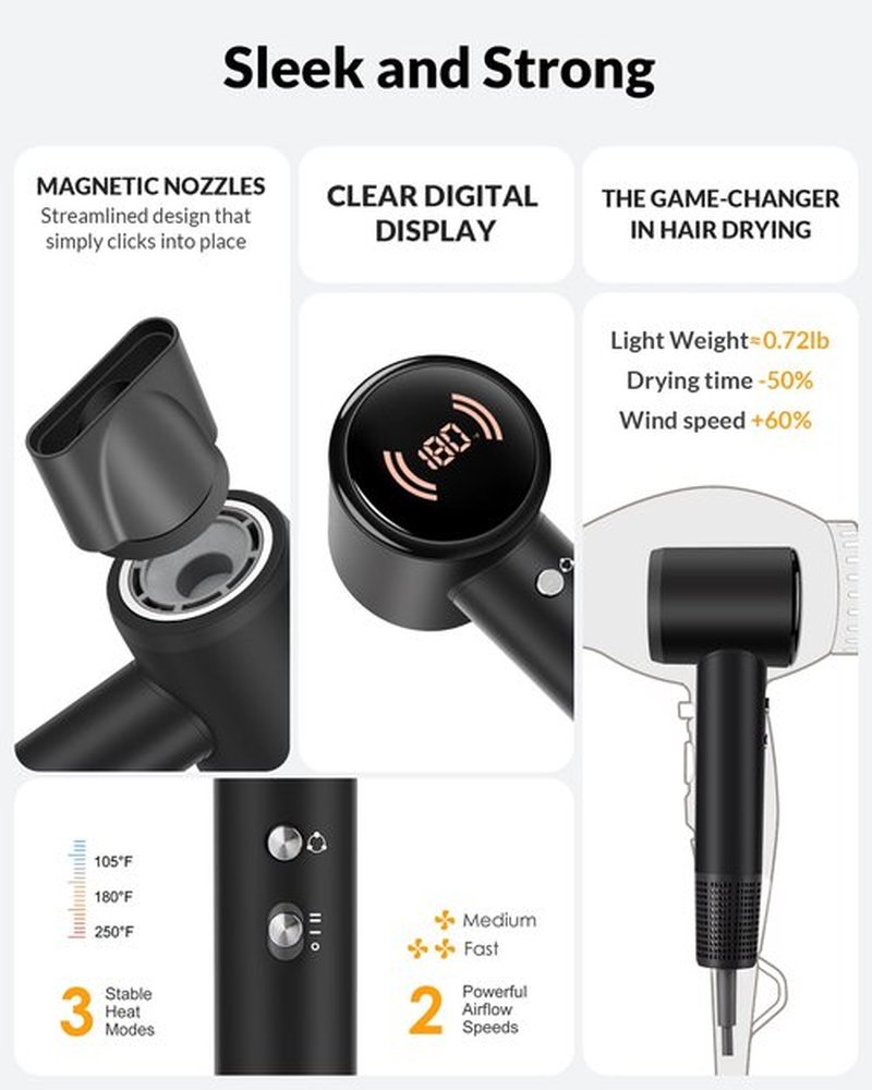 Hair Dryer,Travel Hair Dryer with Diffuser,110000 RPM High Speed Ionic Blow Dryer,Temperature Display,Low Noise&Lightweight Blow Dryer,Fast-Drying,No Heat Damage,Suitable for All Hairstyles(Black)