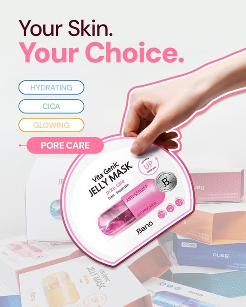Bano Vita Genic Jelly Face Pore Care Mask 10EA – Hydrating Sheet Mask for Sensitive Skin, Korean Glass Skin Care with Spring Water, Vitamin C and Niacinamide, Sebum Control, Fragrance-Free