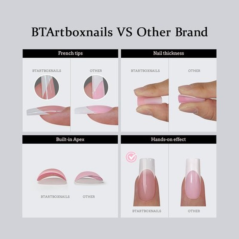 BTArtbox French Tip Press-On Nails - White & Pink Long Square Soak-Off Acrylic Extensions