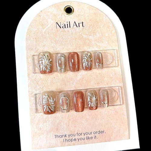 RikView Square Press on Nails Medium Fake Nails Golden Nails with Fireworks Design Glossy Hand Made Nails for Women 30 PCs/Set
