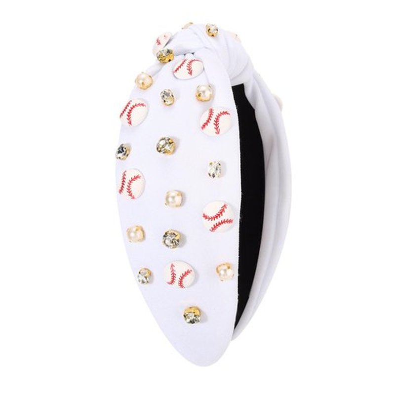 Baseball Headband for Women Crystal Pearl Knotted Headband Baseball Charms Rhinestone Beaded Embellished Headbands Wide Top Knot Game Day Hair Accessories Sports Fan Gifts (White Baseball)