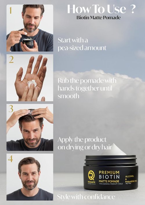 Rodante Beverly Hills Biotin Matte Cream Texture Paste Clay Pomade, Premium Thickening Cream Medium Hold & Anti Hair Loss and Hair Growth Support for Thinning Hair for Men 85 g / 3 oz