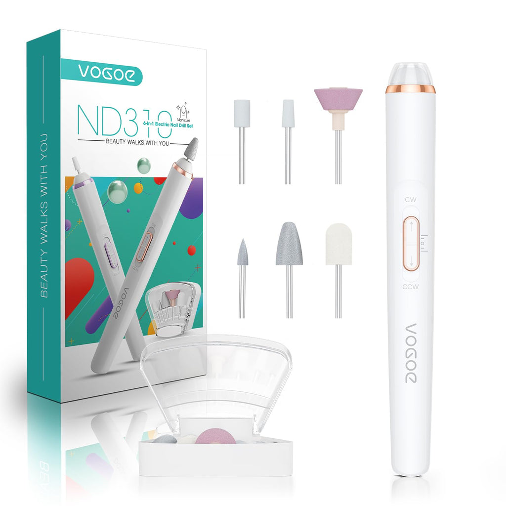 VOGOE Electric Nail Drill, Cordless Nail File Machine Kit 2 Directions & Speeds for Acrylic, Gel Nails, Rechargeable with LED & 6 Nail Drill Bits for Professional Manicure and Pedicure,Gold ND310