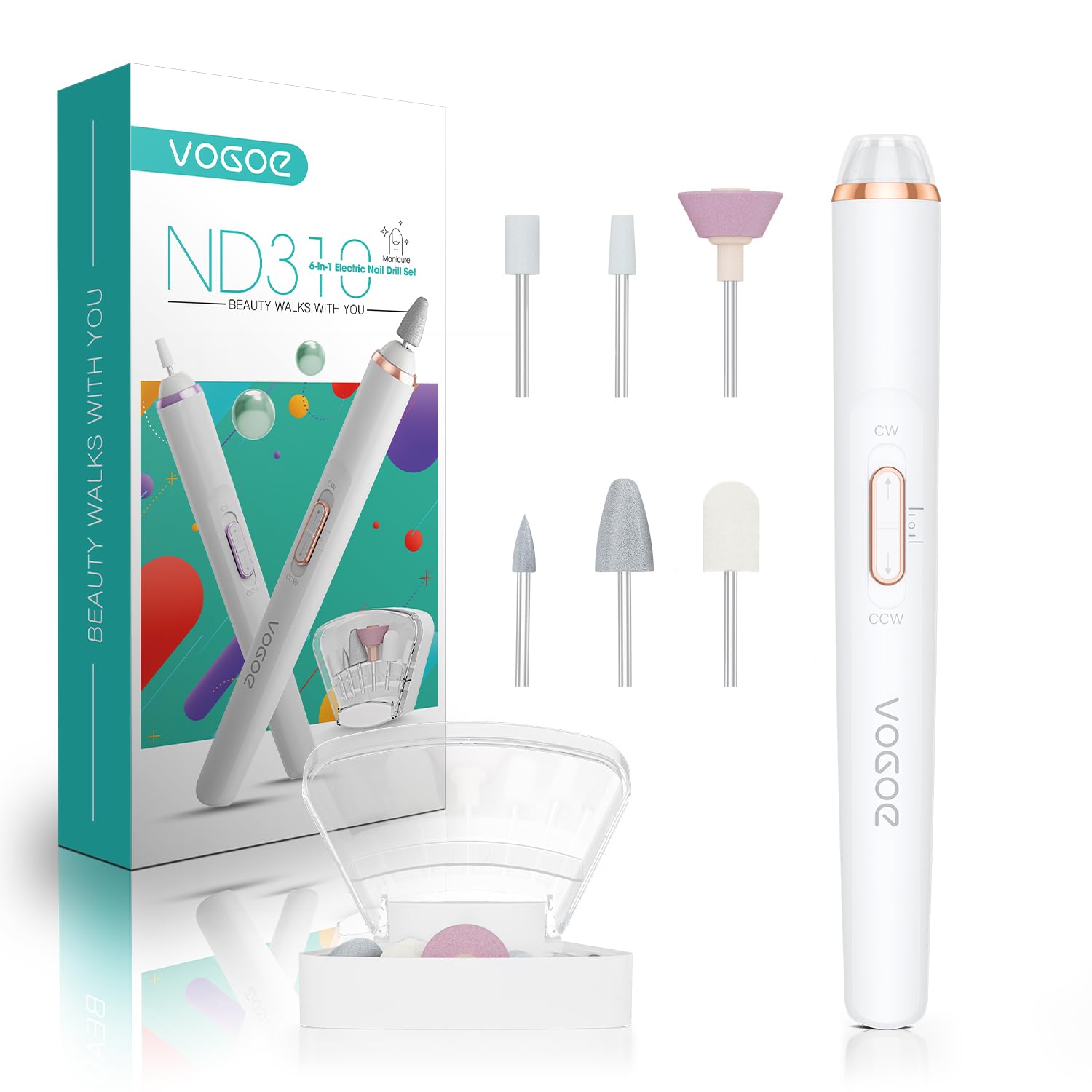VOGOE Electric Nail Drill, Cordless Nail File Machine Kit 2 Directions & Speeds for Acrylic, Gel Nails, Rechargeable with LED & 6 Nail Drill Bits for Professional Manicure and Pedicure,Gold ND310