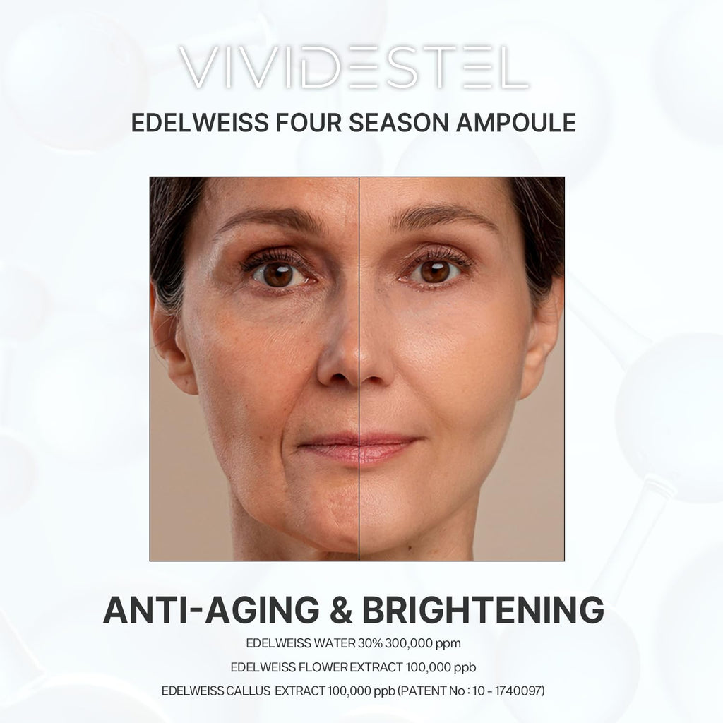 VIVIDESTEL Edelweiss Four Season Ampoule - Brightening & Anti Aging Essence Serum - Lightweight Non-Sticky Hydration Serum With Niacinamide, Peptides - Reduces Fine Line - Minimize Pores 30ml