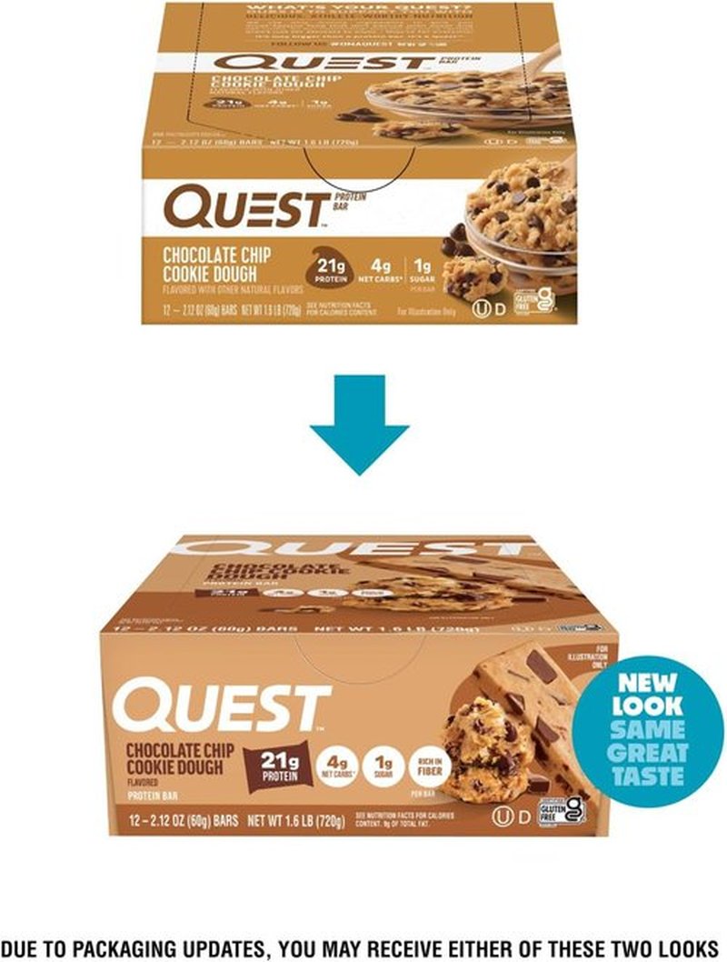 Quest Nutrition Protein Bars - Chocolate Chip Cookie Dough Flavor | High Protein, Low Carb, Keto Friendly | 12 Count