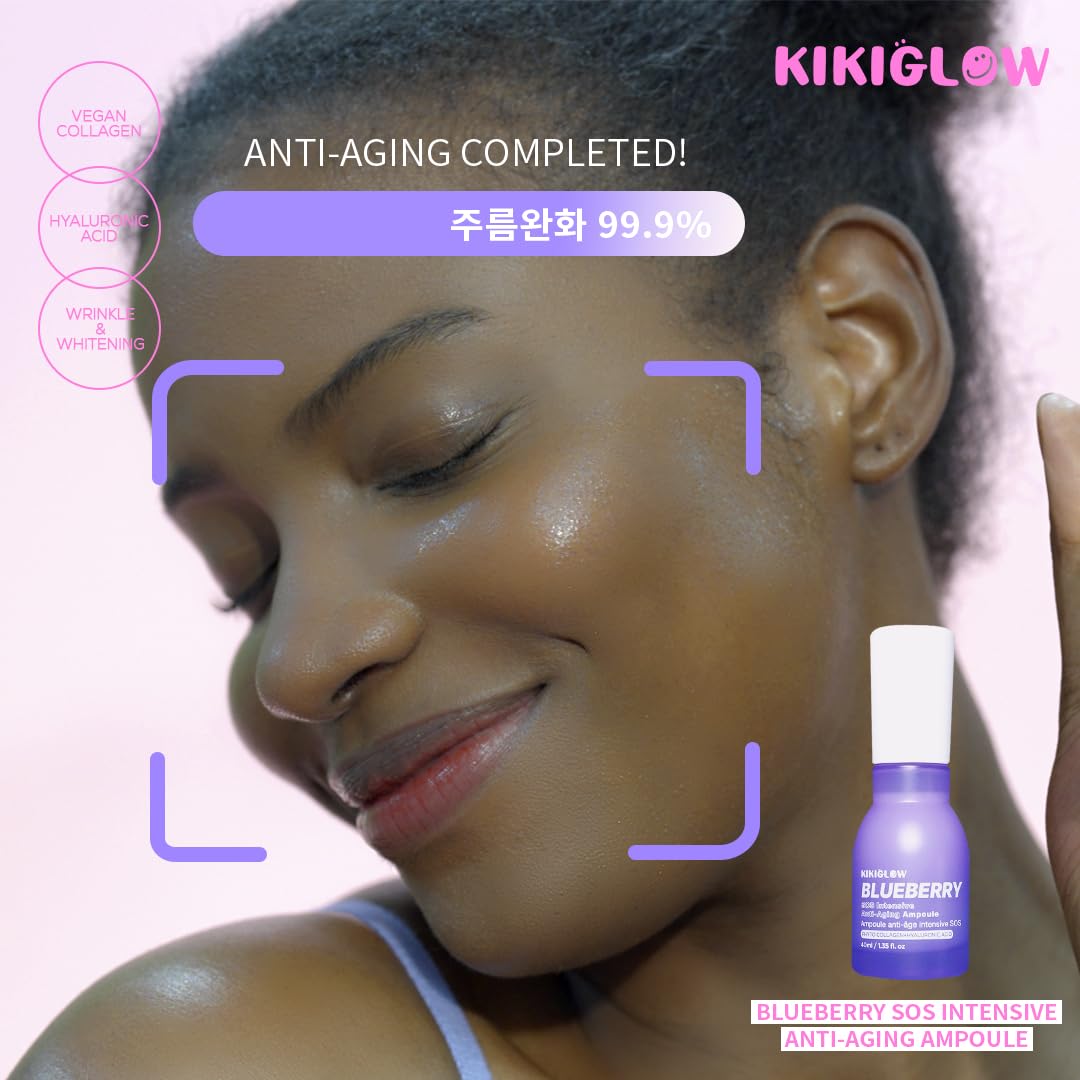 KIKIGLOW Blueberry SOS Intensive Anti-Aging Ampoule 40ml – Korean Firming Facial Ampoule with Vegan Collagen, Hyaluronic Acid, Adenosine, Antioxidant Care, Wrinkle & illuminating