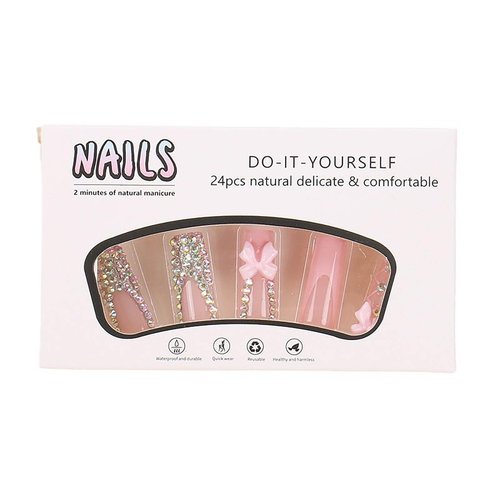 RUOKEXIN Long Square Press on Nails - French Tip False Nails Pink, Bow Rhinestone Designs, 24Pcs