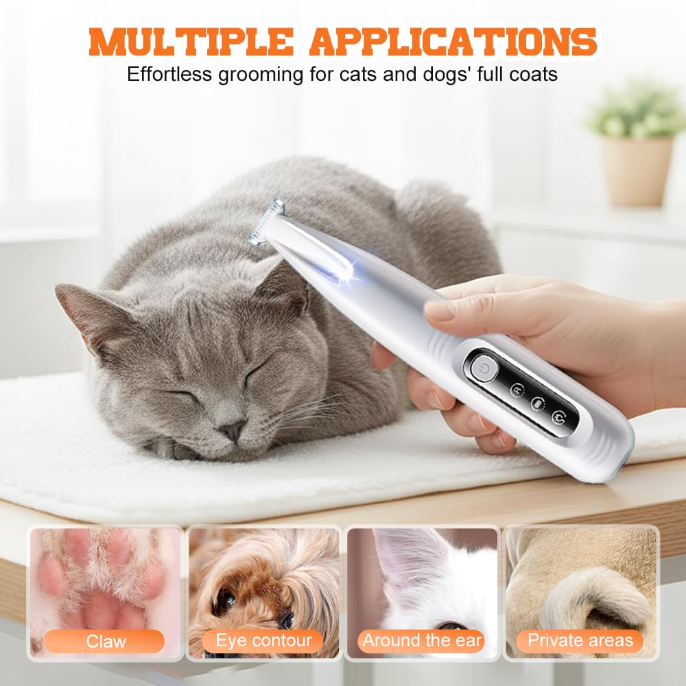 KAMOJI Cat Grooming Trimmer, 2026 New Waterproof Rechargeable Shaver with LED Light, Upgrade Electric Quiet Dog Cat Grooming Trimmer Multifunctional Pet Hair Trimmer (White)