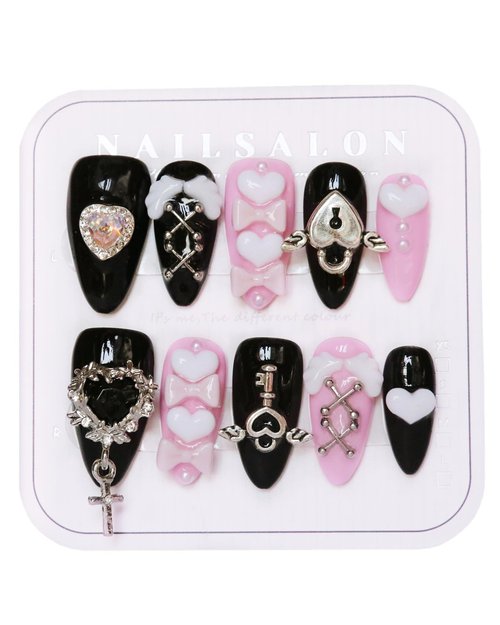 CAMILCY Press on Nails Handmade Nails Luxury Reusable Fake Nails For Girls Short Almond Armor Black Pink Diamonds HandPainted Salon Loveful Design Acrylic Gel UV Finished For Women 3D Nails 10PCS M