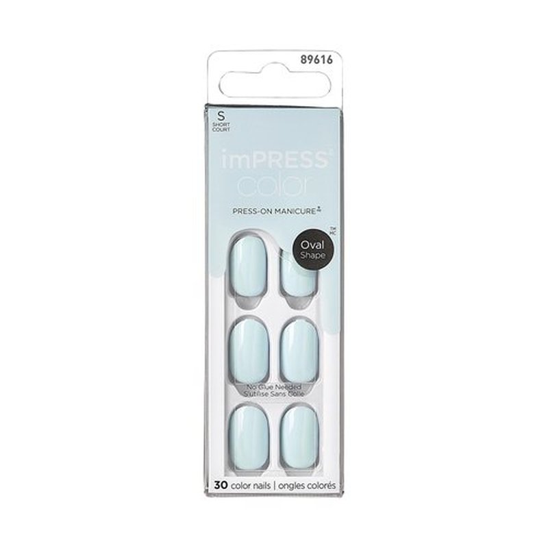 KISS imPRESS Color No Glue Mani 30 Pcs Press On Nails, Light Blue, Short Size, Oval Shape, Simple Peel & Press Easy Apply, Hassel-Free Removal, Essential Tools Included