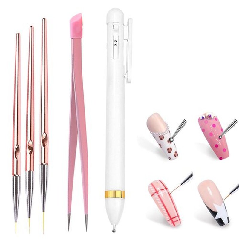 Nail Art Kit, Nail Dotting Pen in Ballpoint Pen Design, Tiny Paint Brushes Liner Brush for Nails Gel, Tweezers for Acrylic Nail Design, Uv Gel, Rhinestone Precision Tools for Manicure DIY,YGJ-009
