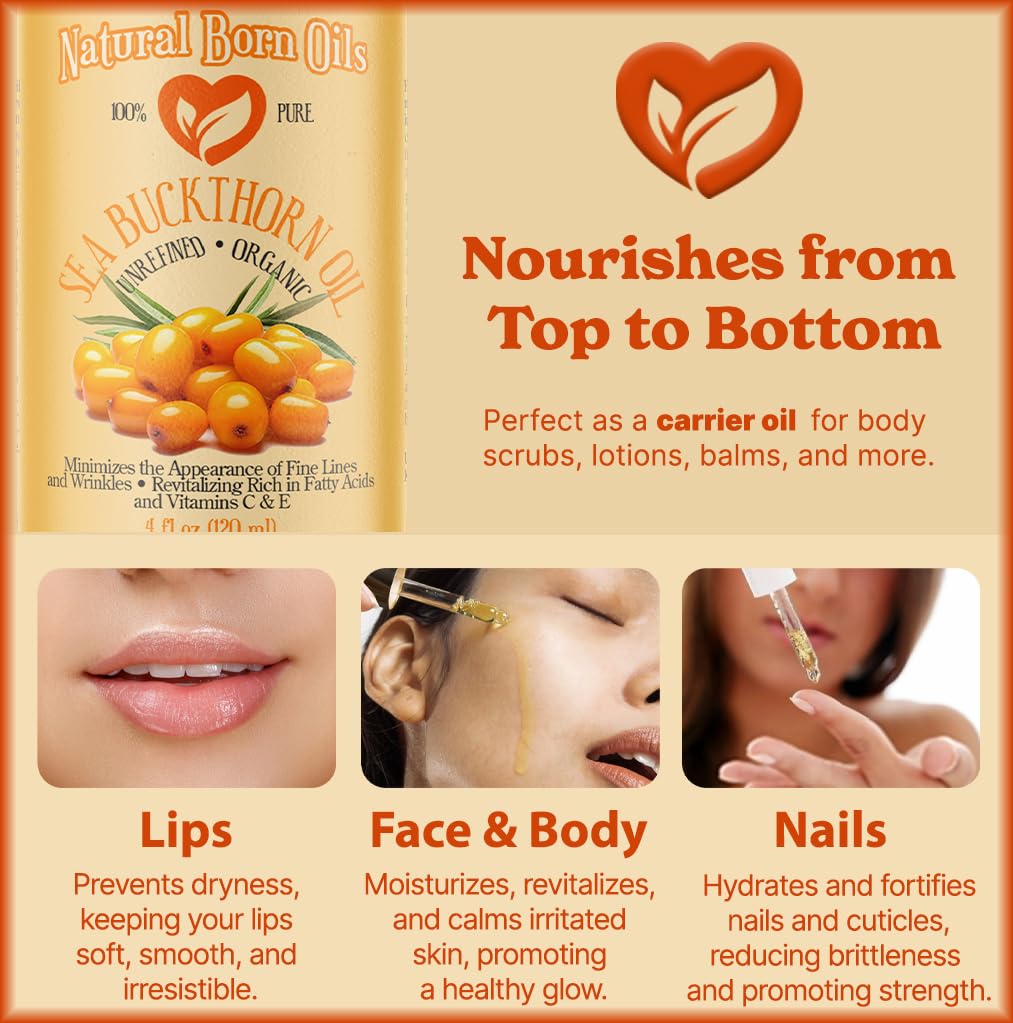 Natural Born Oils 4oz Sea Buckthorn Oil, 100% Pure and Natural, Organic, Cold-pressed, Unrefined, Revitalizing, Includes Pump & Dropper