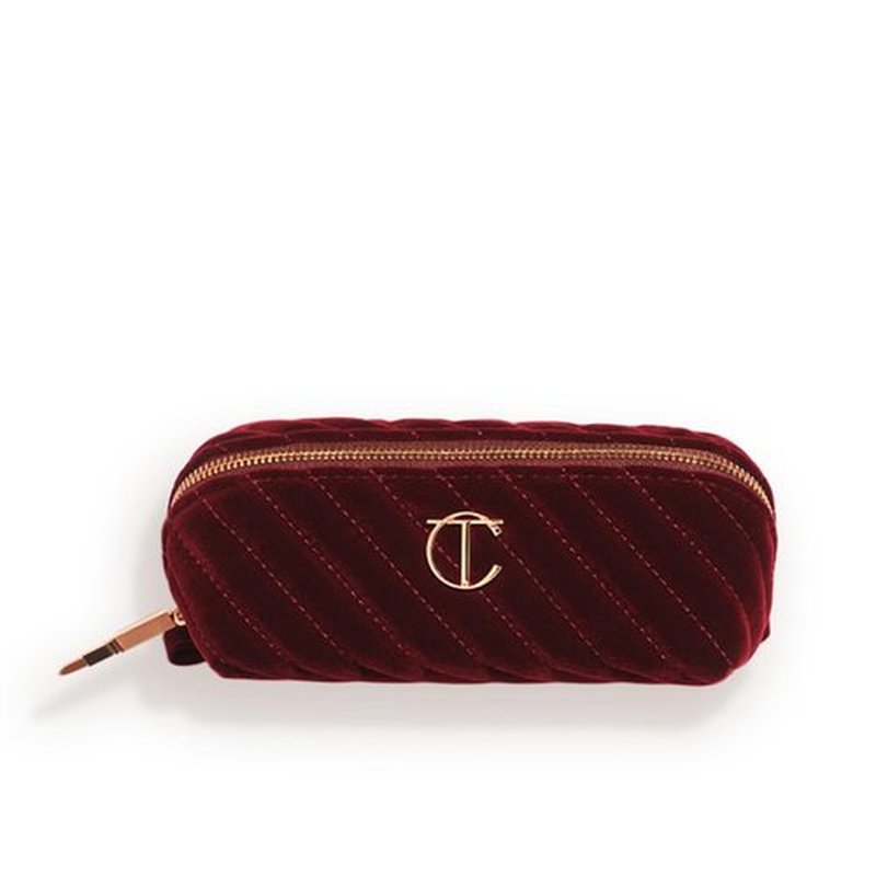 Charlotte Tilbury Makeup Bag - Quilted Velvet Cosmetic Organizer with 5 Compartments & Zip Pocket - Iconic Night Crimson