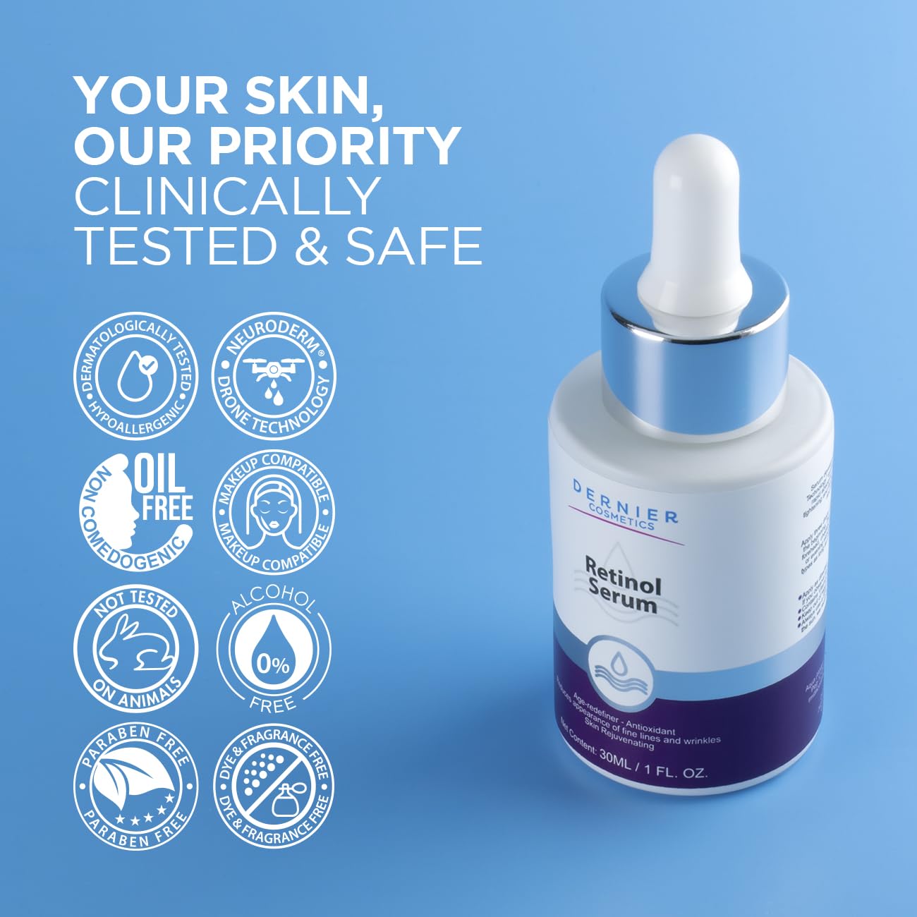 Dernier Beauty Skin Care – Retinol 1% & Hyaluronic Acid 0.5% Anti-Aging Serum for Face, Wrinkle Reduction, Skin Texture Support for Acne Prone Skin, (1 fl oz)