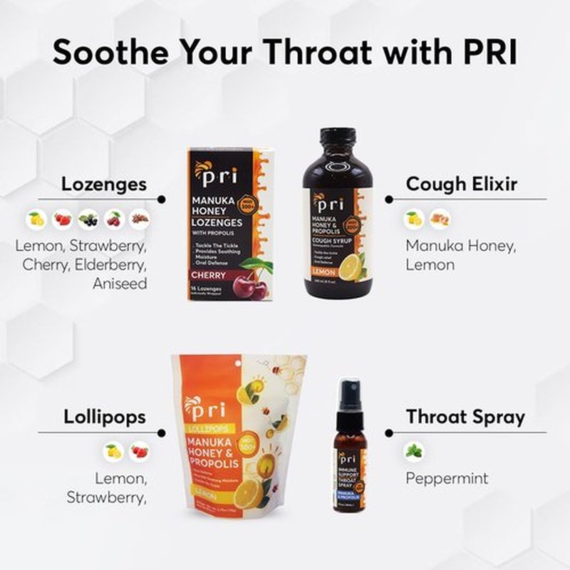 P.R.I Strawberry Manuka Honey Lollipops - Throat Soothing with Propolis & Menthol | 24 Count, MGO 300+