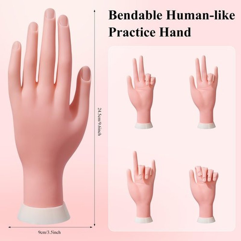 Practice Hand for Acrylic Nails,Nail Mannequin Hands for Nails Practice,Fake Nail Training Hand Manicure, Flexible Bendable Nail Hand with 100PCS Nail Tips,Painting Pen,Nail Clay and Nail Rhinestones