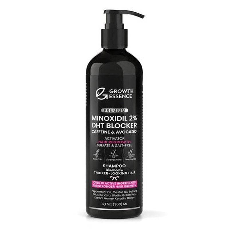 Minoxidil Shampoo for Women – Growth Essence Premium 2% Hair Regrowth Shampoo with Biotin, Caffeine & DHT Blockers – Strengthening Formula with Keratin, Castor Oil, Green Tea & Rosemary – 12.17 fl oz