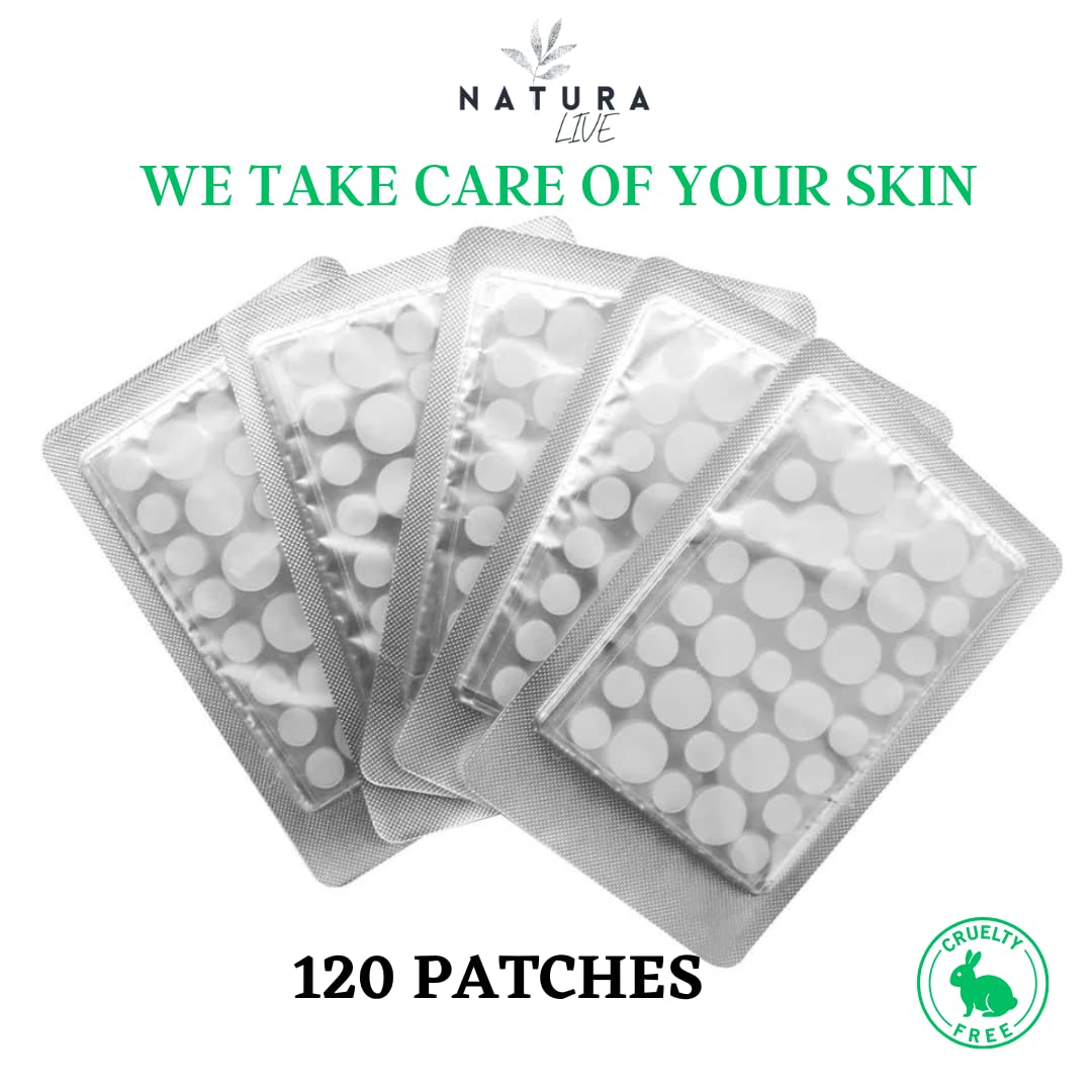 Natura Live Hydrocolloid Acne Patches – 120-Pcs Pimple Patches for Face –Blemish Patches to Cover Zits, Acne, Breakouts – Vegan and Cruelty-Free Zit Stickers – Zit Absorbing Acne Spot Dots