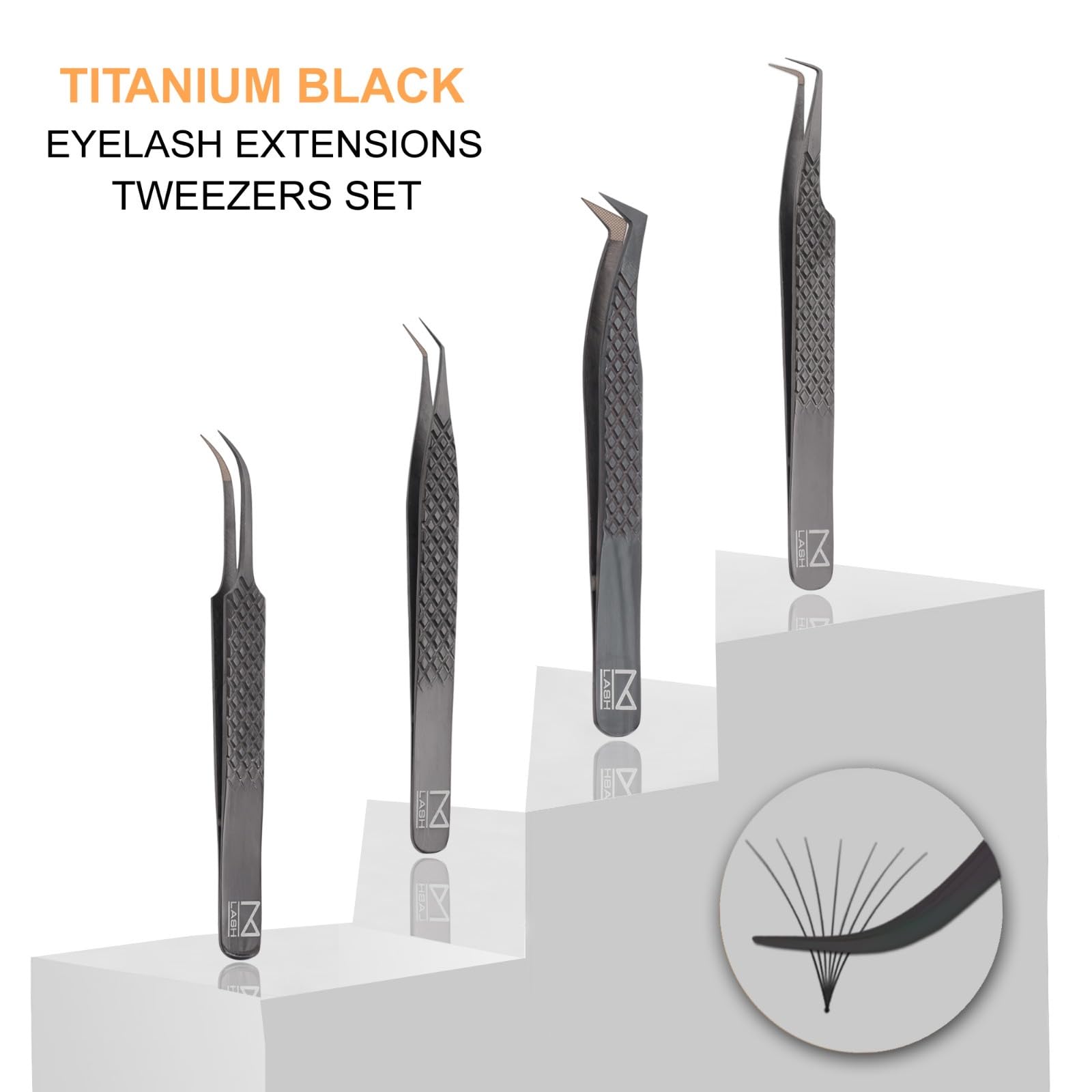 M LASH Tweezers for Eyelash Extensions (Set of 4) - Professional Lash Extension Tweezers - Fiber Tip, Japanese Steel, Diamond Grip Eyelash Extension Tweezer set (Black)