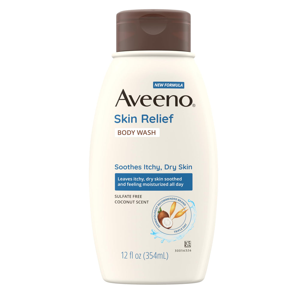 Aveeno Skin Relief Body Wash with Coconut Scent & Soothing Oat, Gentle Soap-Free Body Cleanser for Itchy, Dry & Sensitive Skin, Dye-Free & Allergy-Tested, 12 fl. oz