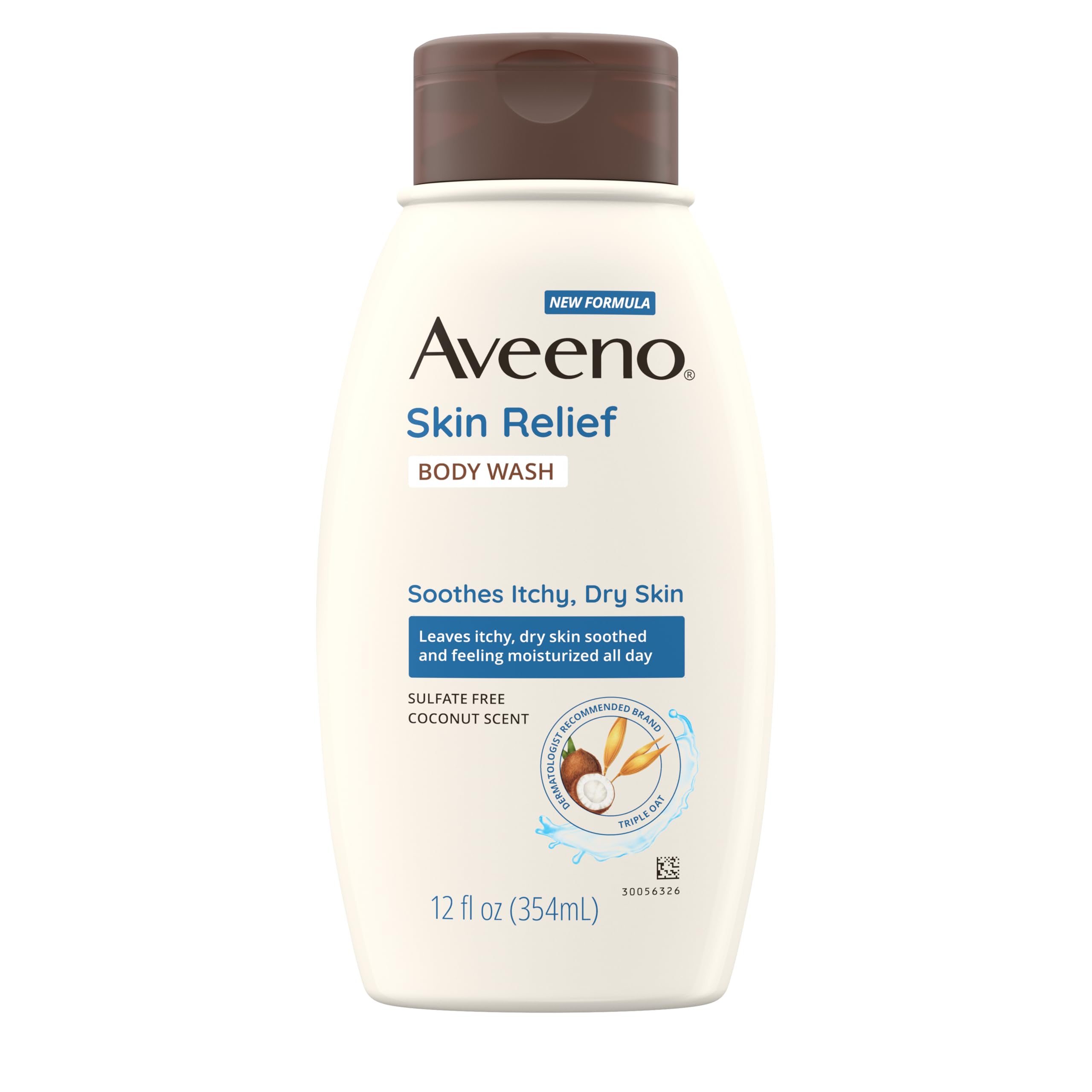 Aveeno Skin Relief Body Wash with Coconut Scent & Soothing Oat, Gentle Soap-Free Body Cleanser for Itchy, Dry & Sensitive Skin, Dye-Free & Allergy-Tested, 12 fl. oz