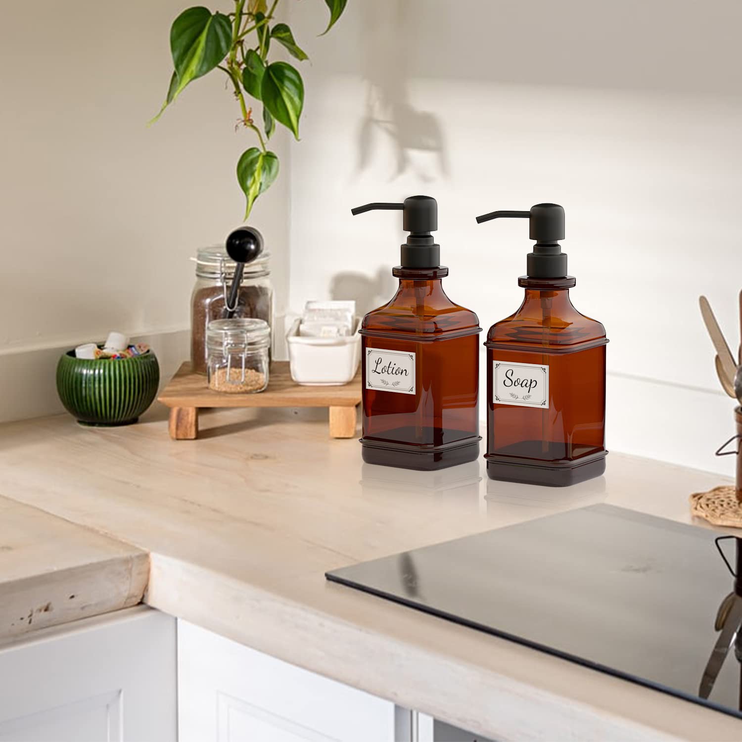 GLADPURE Soap Dispenser 2 Pack, Hand Soap Dispensers with 18 Oz Antique Design Thick Amber Glass Bottle, 316 Rust Proof Stainless Steel Black Pump, 6Pcs Stickers, for Lotion, Soap, Essential Oil