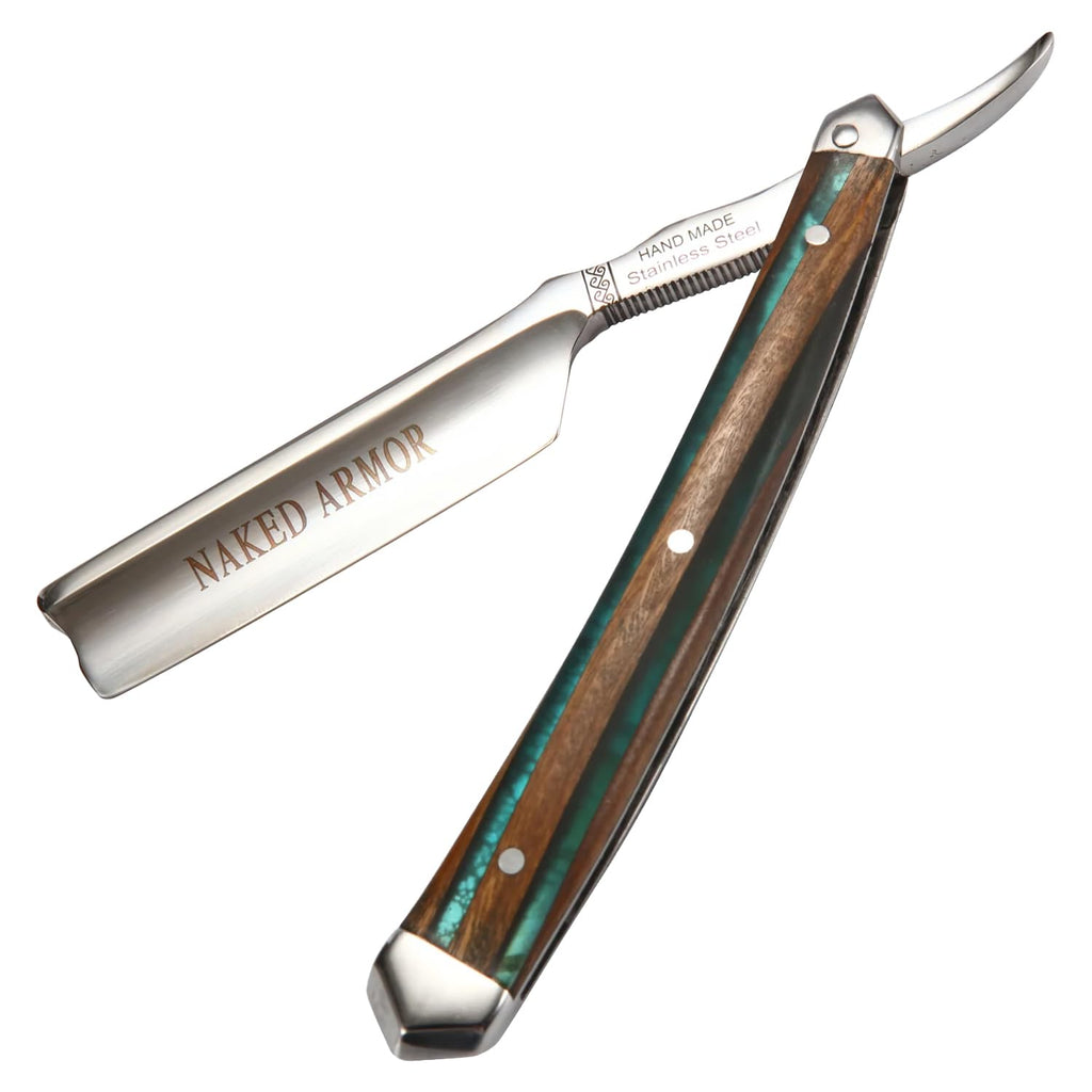 Naked Armor Safir Straight Razor for Men — Shave Ready 7/8" Barber's Notch Japanese Stainless Steel Straight Edge Razor, Sandalwood Scale, Beard Shaping, Leather Case & Gift Box Included