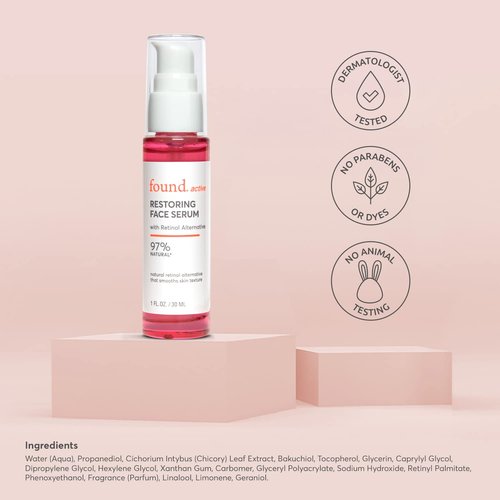 Found Active Restoring Face Serum with Bakuchiol Retinol Alternative, Refines the Look of Uneven Texture, Rich Antioxidants Improve the Appearance of Fine Lines & Wrinkles, 1 Fl Oz