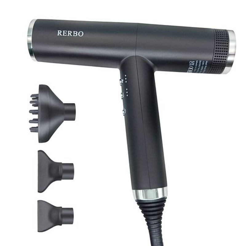RERBO Professional Ionic Hair Dryer High-Speed 110000 RPM Low Noise Temperature Control Portable Negative Ionic Blow Dryer with Diffuser and Concentrator for Home, Travel and Salon