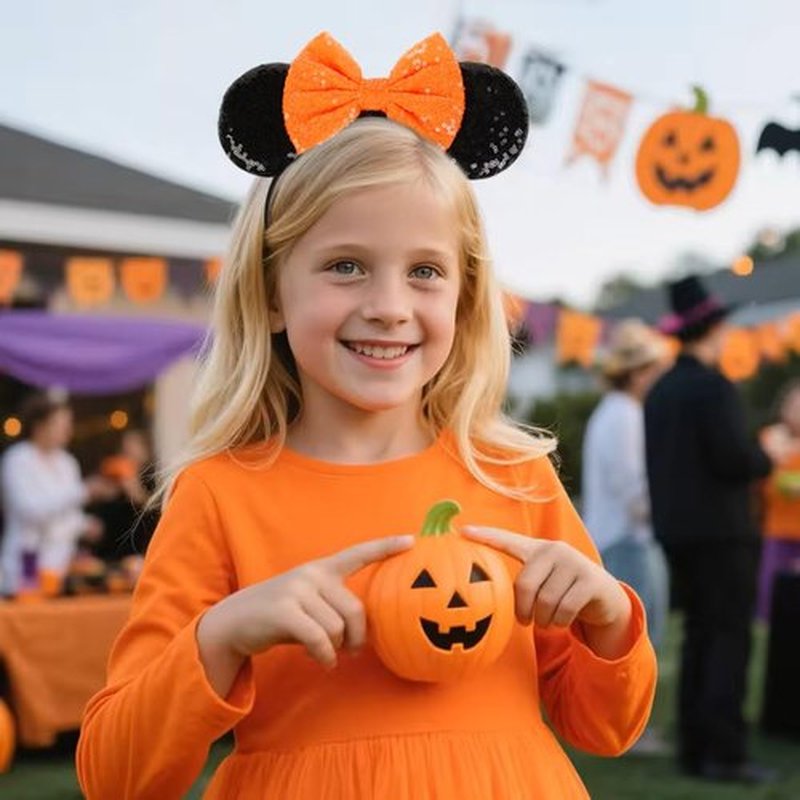 TEBIEKOY Halloween Mouse Ears Headbands for Women Sequin Mouse Ears Headband Orange Bows Mouse Ear Adults Cute Halloween Birthdays Party Hair Accessories