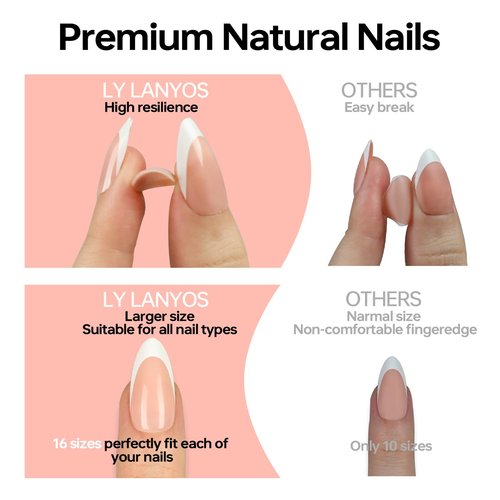 LY LANYOS Press On Nails Short, Short Fake Nails, Square Glue on Nails, Reusable Stick on nails with Nail Glue in 16 Sizes, 32 Pcs, White French