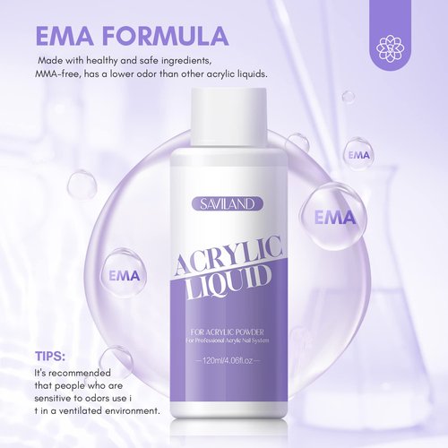 SAVILAND Monomer Acrylic Nail Liquid: 4 oz Acrylic Liquid Monomer with #12 Acrylic Nail Brush for Acrylic Powder Application, Non-Yellowing Acrylic Nail Monomer Liquid for DIY Home & Nail Salon Use
