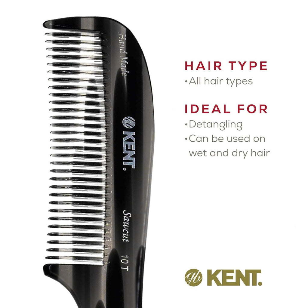 Kent 10T Black Graphite Large Detangler Comb, Wide Tooth Comb for Wet and Dry Curly Hair, Rake Combs for Women With Thick Hair, Saw-Cut and Hand Polished, Handmade in England