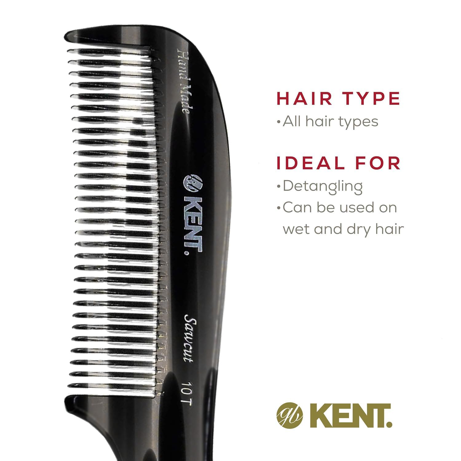 Kent 10T Black Graphite Large Detangler Comb, Wide Tooth Comb for Wet and Dry Curly Hair, Rake Combs for Women With Thick Hair, Saw-Cut and Hand Polished, Handmade in England