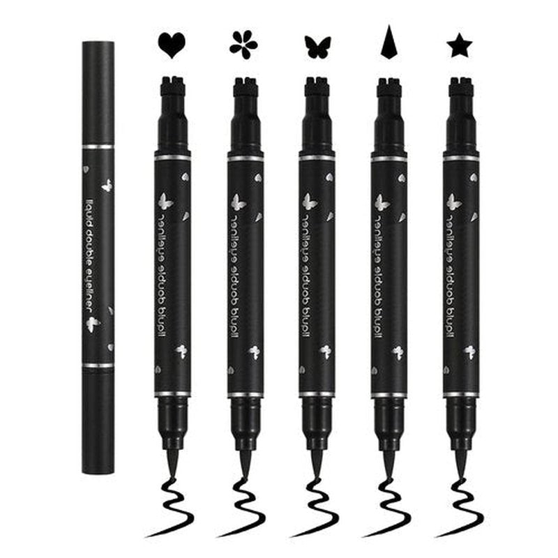 QIUFSSE 5Pcs Double-headed Liquid Eyeliner Stamp Pencil Set,Winged Eyeliner Stamp Pen Women Black Long-lasting delineador de ojos,(Heart/Flower/Star/Butterfly/Cone) Shape Eye Liner Stamp