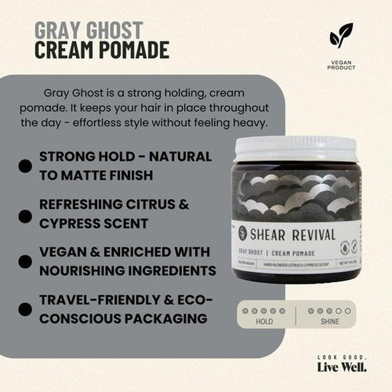 Shear Revival Gray Ghost Cream Pomade - Vegan Hair Styling Cream for All Hair Types, Strong Hold, 3.4oz | Natural to Matte Finish, Citrus & Cypress Scent