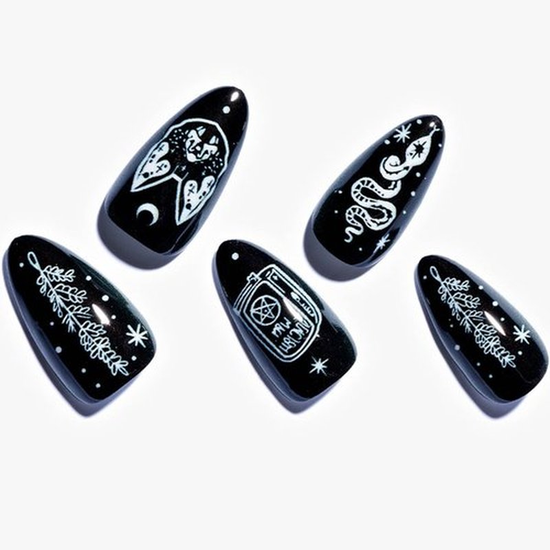 GLAMERMAID Press on Nails Almond,Black Gel False Nails with Design,24 PCS Glue on Nails,Reusable Acrylic Stick on Nails Tips Manicure Set for Women,Primitive Belief