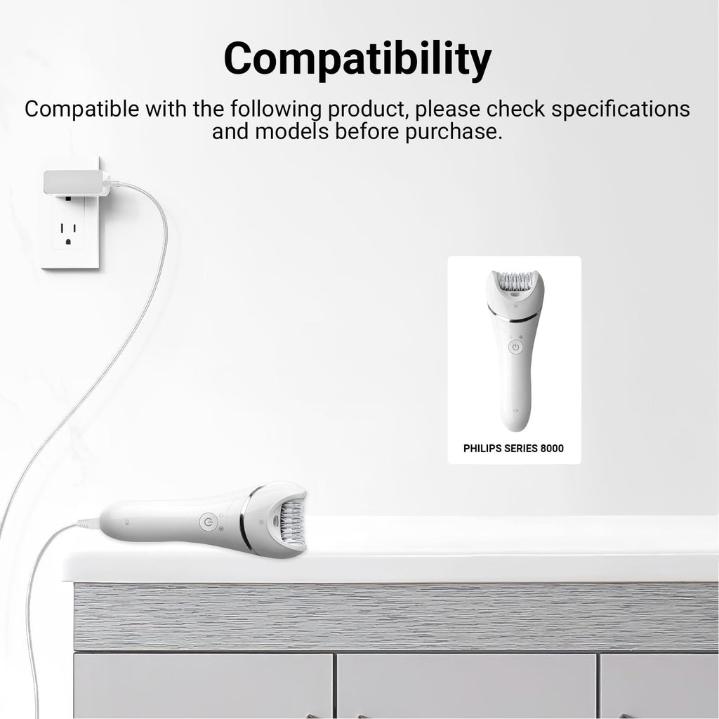 Charger Compatible with Philips Epilator Wet & Dry Series 8000 BRE700/04 BRE720/14 BRE740/14 Shaver and Trimmer for Women Replacement Power Adapter 15V Charging Cord Cable White