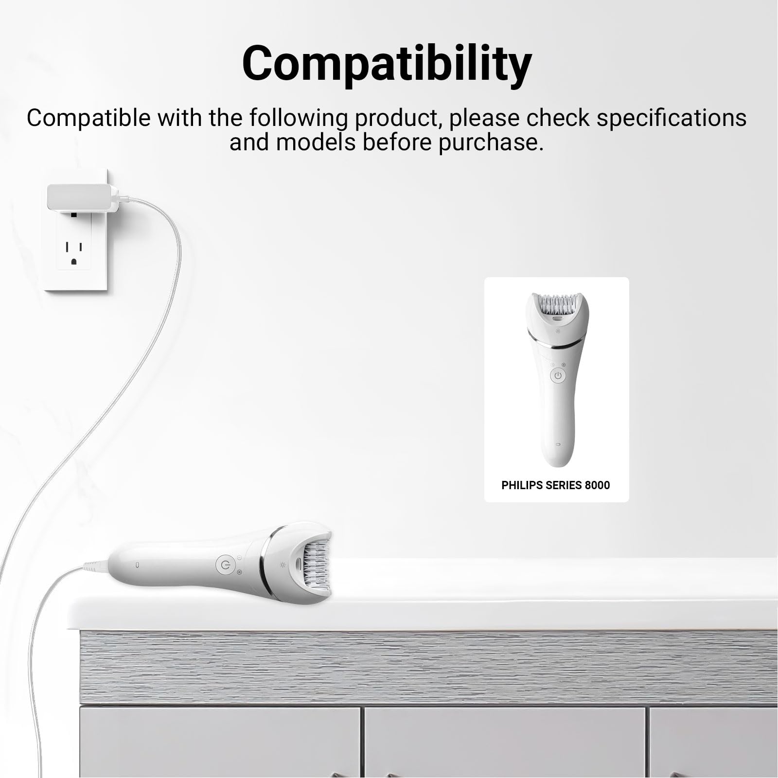 Charger Compatible with Philips Epilator Wet & Dry Series 8000 BRE700/04 BRE720/14 BRE740/14 Shaver and Trimmer for Women Replacement Power Adapter 15V Charging Cord Cable White