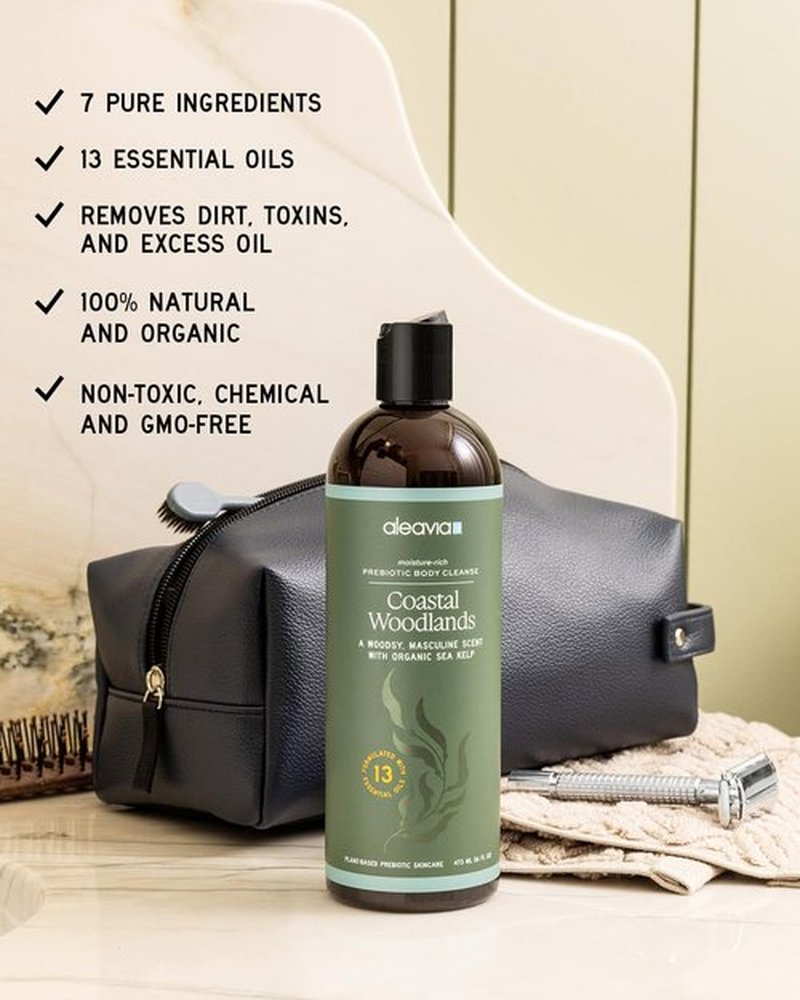 Aleavia Coastal Woodlands Men's Body Cleanse - Organic Prebiotic Body Wash with 13 Essential Oils - 16 Oz.