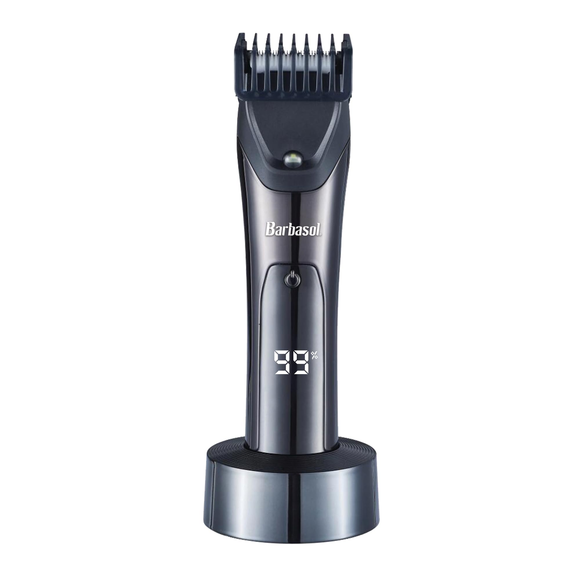 Barbasol Hair and Beard Trimmer for Men, Rechargeable Battery with Charging Base, Powerful Hypoallergenic Ceramic Blades, Dial Adjustable Hair Guard Length with 10 Settings, LED Screen