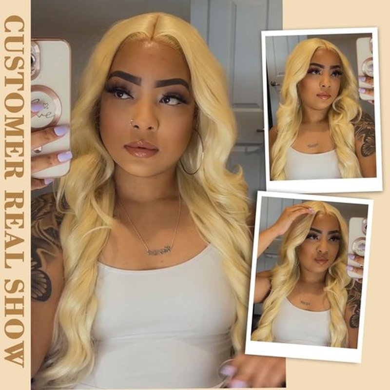 SISgrace 613 Platinum Blonde Lace Front Wigs Synthetic Body Wave Wear and Go 13x4x1 T-part Lace 28 Inch Pre-Plucked with Baby Hair HD Glueless Lace Front Wig for Women