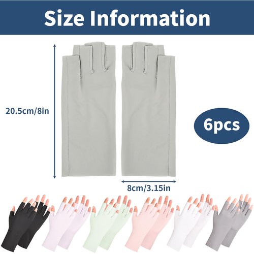 eggigi 6 Pairs UPF 50+ UV Protection Half-Finger Gloves - Touchscreen Gel Nail Manicure Gloves for Women, 6-Color Breathable Skin Care Gloves